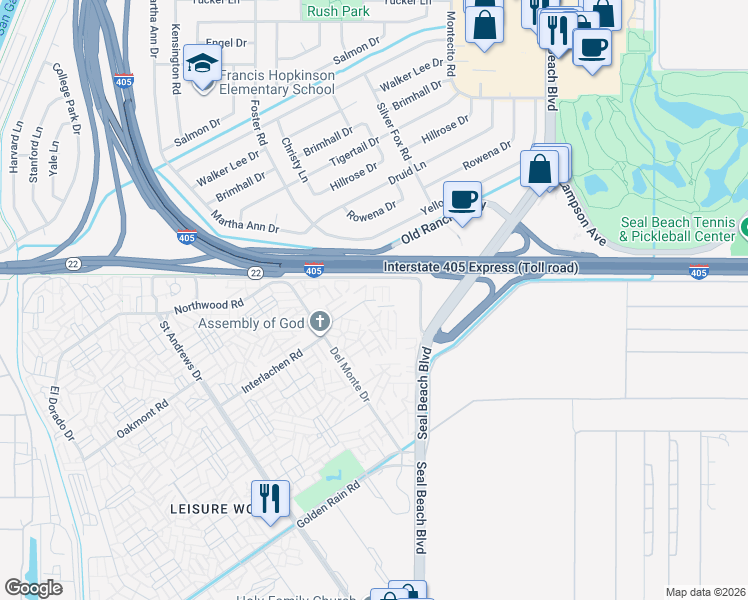 map of restaurants, bars, coffee shops, grocery stores, and more near 1921 Saint John Road in Seal Beach