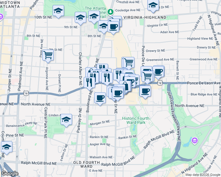 map of restaurants, bars, coffee shops, grocery stores, and more near 640 Glen Iris Drive Northeast in Atlanta
