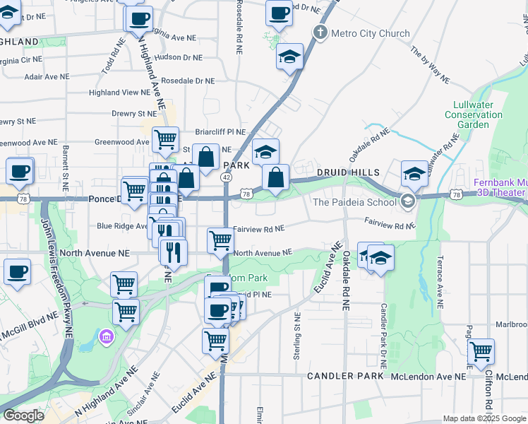 map of restaurants, bars, coffee shops, grocery stores, and more near 1250 Fairview Road Northeast in Atlanta