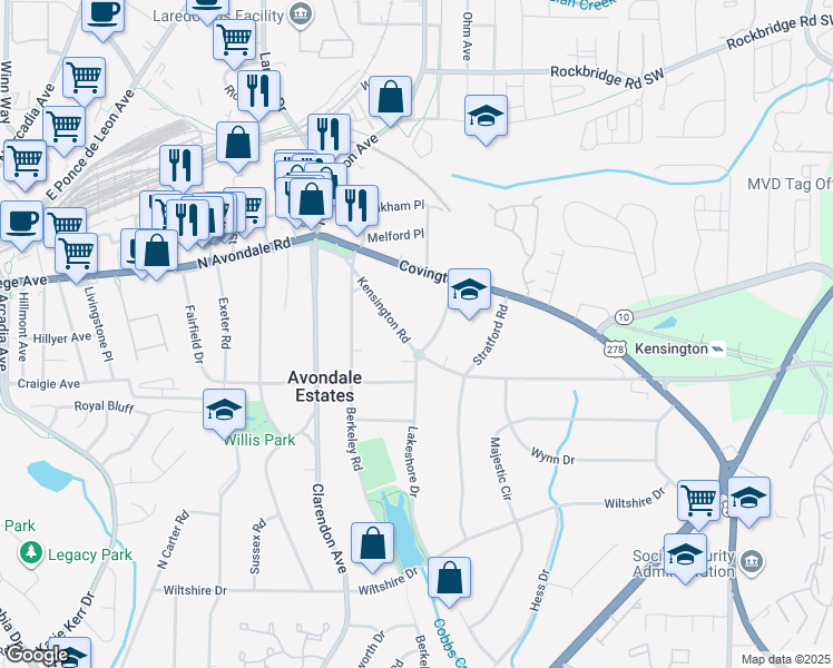 map of restaurants, bars, coffee shops, grocery stores, and more near 27 Kensington Road in Avondale Estates