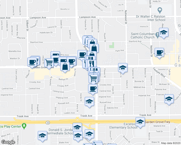 map of restaurants, bars, coffee shops, grocery stores, and more near 10130 Garden Grove Boulevard in Garden Grove