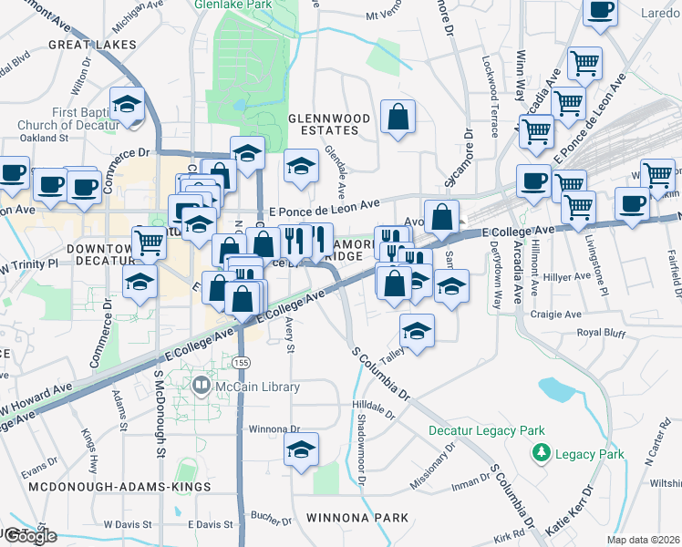 map of restaurants, bars, coffee shops, grocery stores, and more near 527 East College Avenue in Decatur