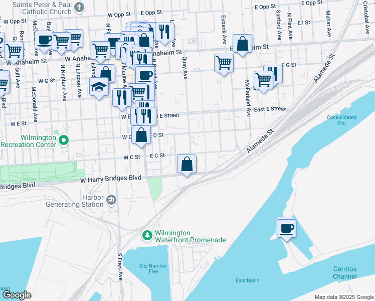map of restaurants, bars, coffee shops, grocery stores, and more near 316 East C Street in Los Angeles