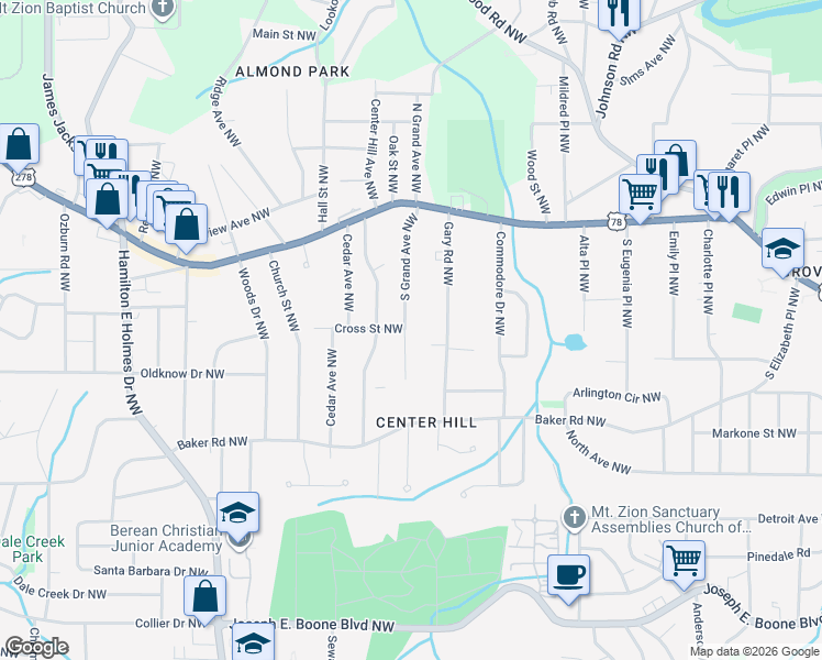 map of restaurants, bars, coffee shops, grocery stores, and more near 665 South Grand Avenue Northwest in Atlanta
