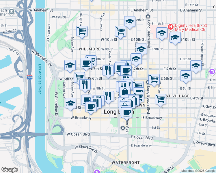 map of restaurants, bars, coffee shops, grocery stores, and more near 505 Cedar Avenue in Long Beach