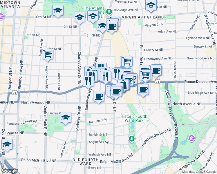 map of restaurants, bars, coffee shops, grocery stores, and more near 640 Glen Iris Drive Northeast in Atlanta