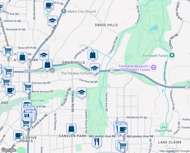 map of restaurants, bars, coffee shops, grocery stores, and more near 1509 South Ponce De Leon Avenue Northeast in Atlanta