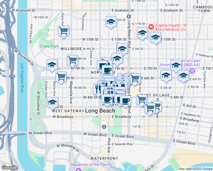 map of restaurants, bars, coffee shops, grocery stores, and more near 433 Pine Avenue in Long Beach