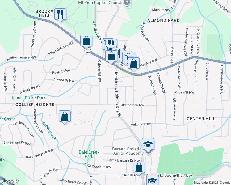 map of restaurants, bars, coffee shops, grocery stores, and more near 666 Hamilton E Holmes Drive Northwest in Atlanta