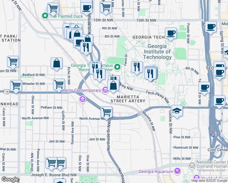 map of restaurants, bars, coffee shops, grocery stores, and more near 768 Marietta Street NorthWest in Atlanta