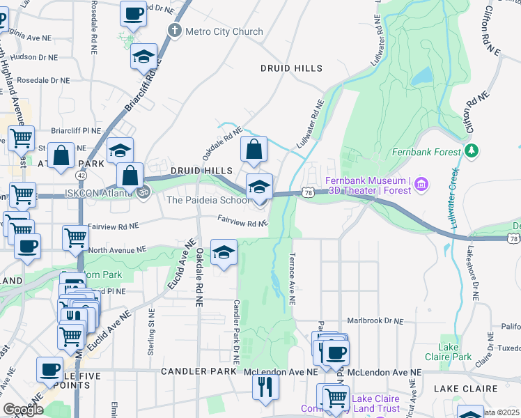 map of restaurants, bars, coffee shops, grocery stores, and more near 1509 Ponce De Leon Avenue Northeast in Atlanta
