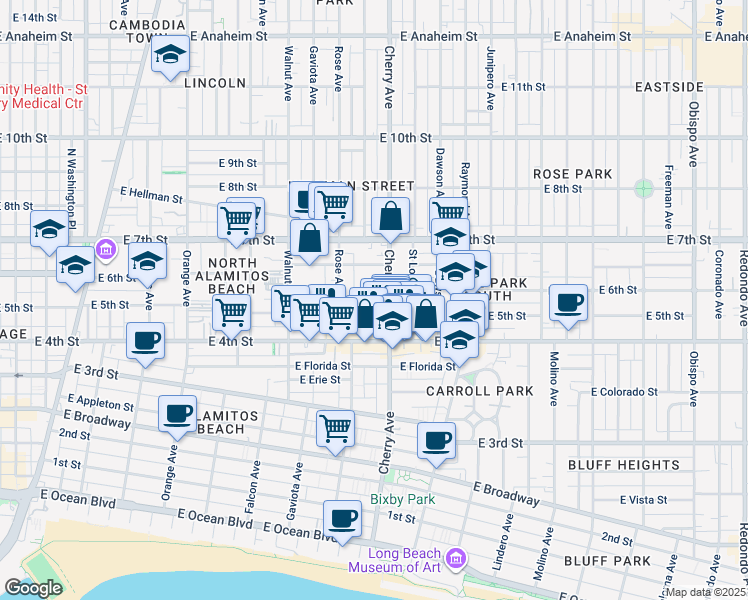 map of restaurants, bars, coffee shops, grocery stores, and more near 1913 East 5th Street in Long Beach