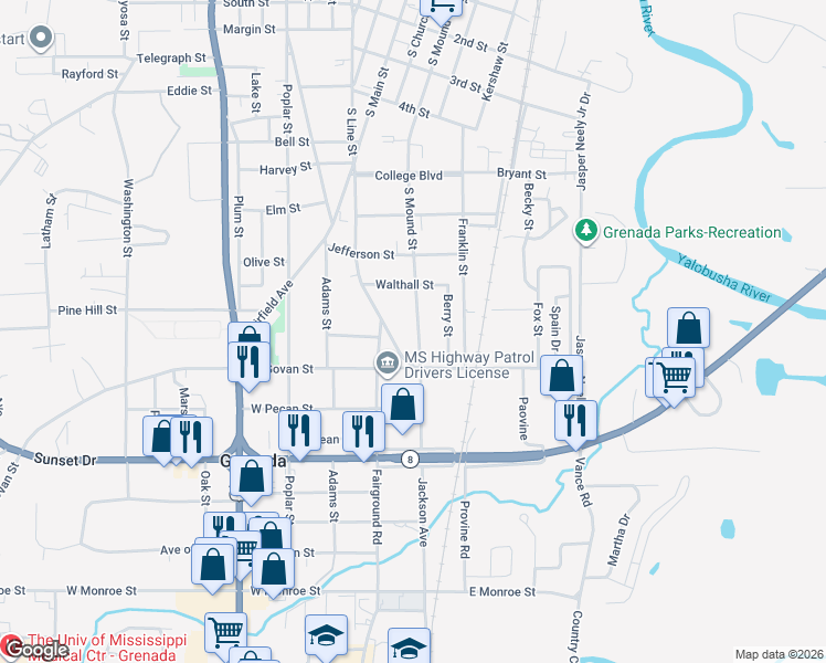 map of restaurants, bars, coffee shops, grocery stores, and more near 1129 South Mound Street in Grenada