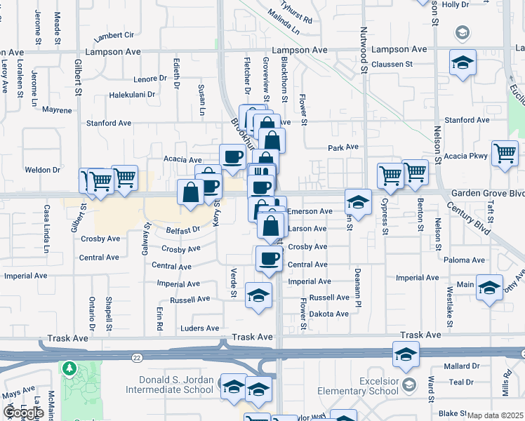 map of restaurants, bars, coffee shops, grocery stores, and more near 13101 Brookhurst Street in Garden Grove