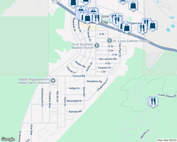 map of restaurants, bars, coffee shops, grocery stores, and more near 68431 Rodeo Road in Cathedral City