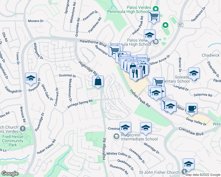 map of restaurants, bars, coffee shops, grocery stores, and more near 106 Cottonwood Circle in Rolling Hills Estates