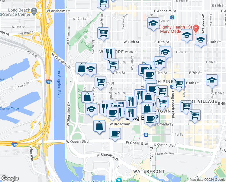 map of restaurants, bars, coffee shops, grocery stores, and more near 475 West 5th Street in Long Beach