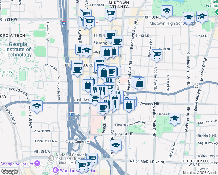 map of restaurants, bars, coffee shops, grocery stores, and more near 683 Peachtree Street Northeast in Atlanta