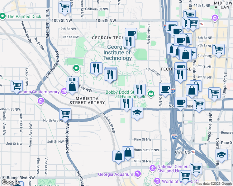 map of restaurants, bars, coffee shops, grocery stores, and more near 347 Ferst Drive in Atlanta