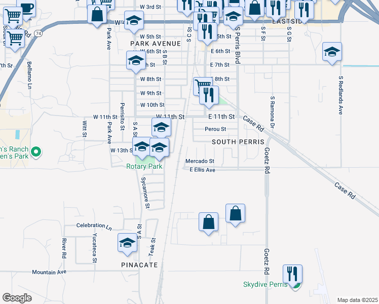 map of restaurants, bars, coffee shops, grocery stores, and more near 1391 MUSEO Way in Perris