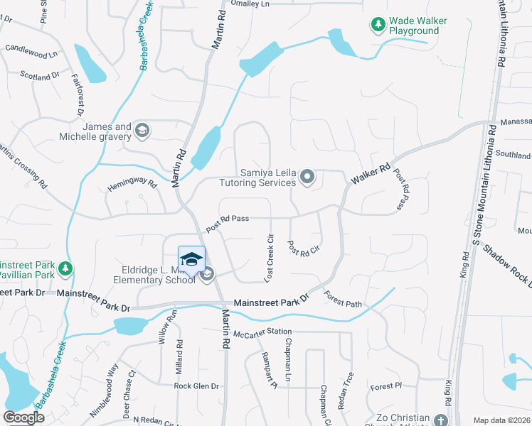map of restaurants, bars, coffee shops, grocery stores, and more near 766 Lost Creek Circle in Stone Mountain