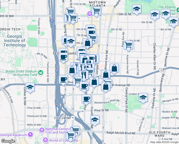 map of restaurants, bars, coffee shops, grocery stores, and more near 81 Ponce De Leon Avenue Northeast in Atlanta