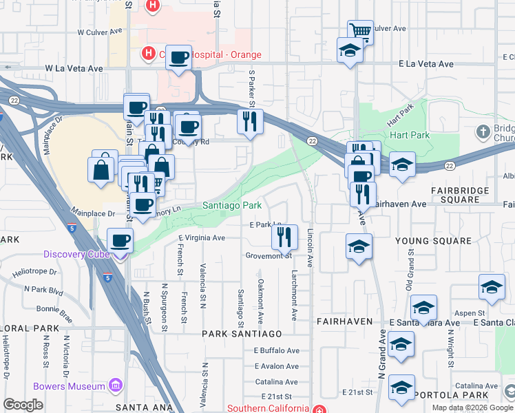map of restaurants, bars, coffee shops, grocery stores, and more near 2626 Jessee Drive in Santa Ana