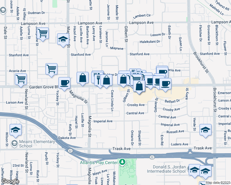 map of restaurants, bars, coffee shops, grocery stores, and more near 13072 Casa Linda Lane in Garden Grove