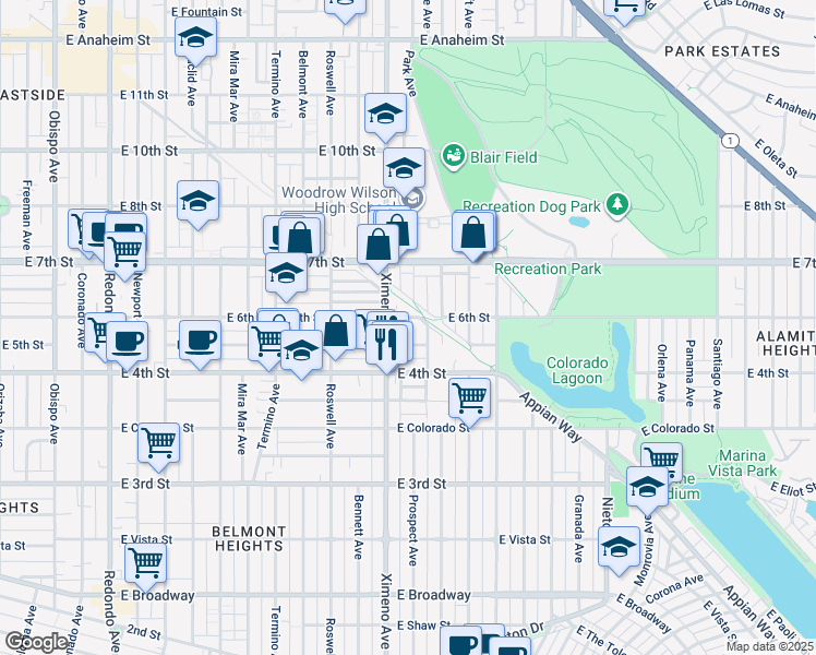 map of restaurants, bars, coffee shops, grocery stores, and more near 450 Tremont Avenue in Long Beach
