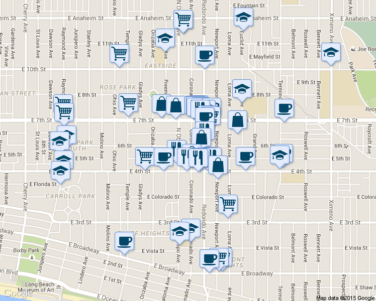 map of restaurants, bars, coffee shops, grocery stores, and more near 444 Coronado Avenue in Long Beach