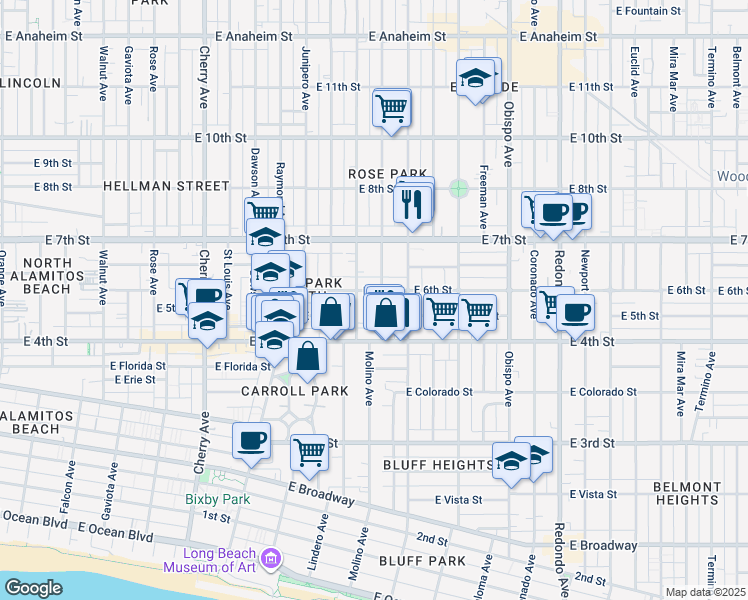 map of restaurants, bars, coffee shops, grocery stores, and more near 442 Molino Avenue in Long Beach