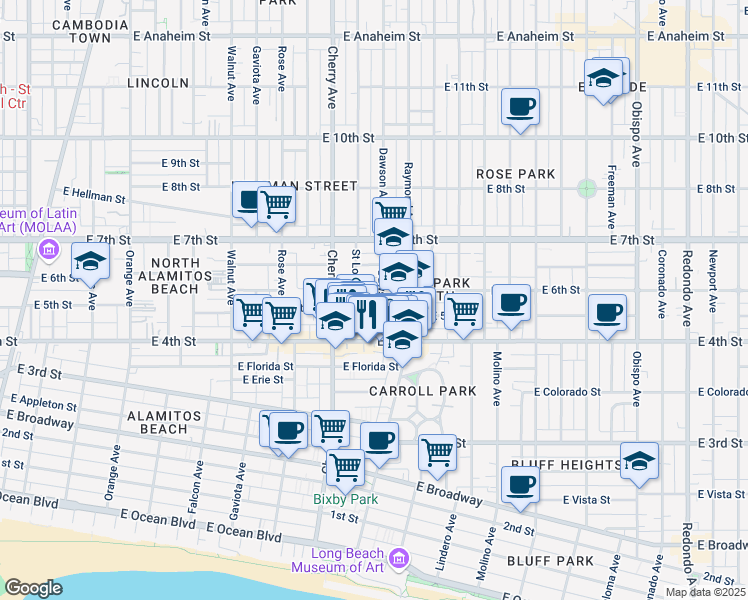map of restaurants, bars, coffee shops, grocery stores, and more near 445 Dawson Avenue in Long Beach