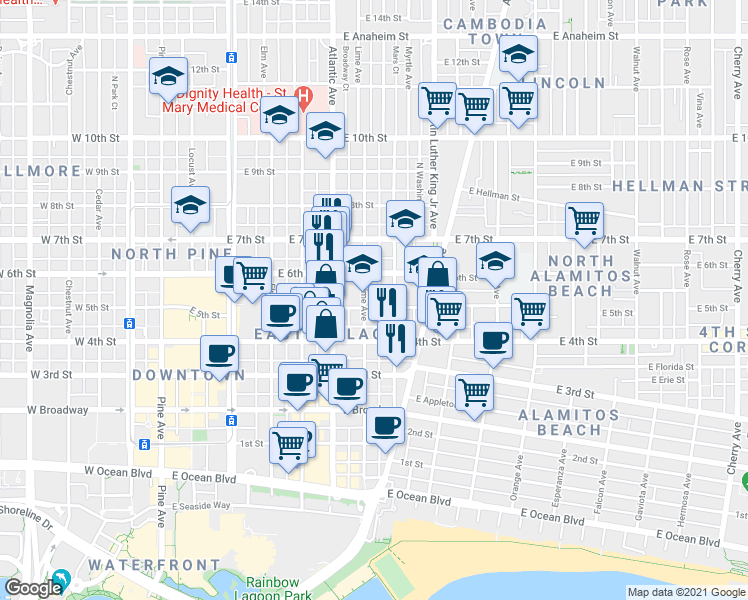 map of restaurants, bars, coffee shops, grocery stores, and more near 430 Lime Avenue in Long Beach