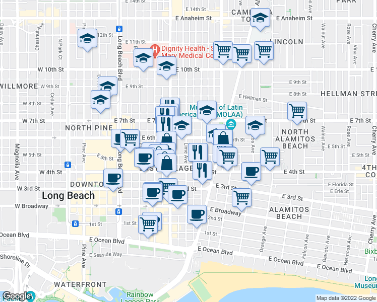 map of restaurants, bars, coffee shops, grocery stores, and more near 430 Lime Avenue in Long Beach