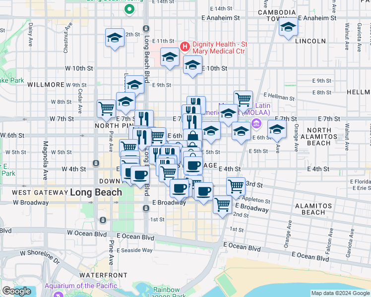 map of restaurants, bars, coffee shops, grocery stores, and more near 433 Linden Avenue in Long Beach