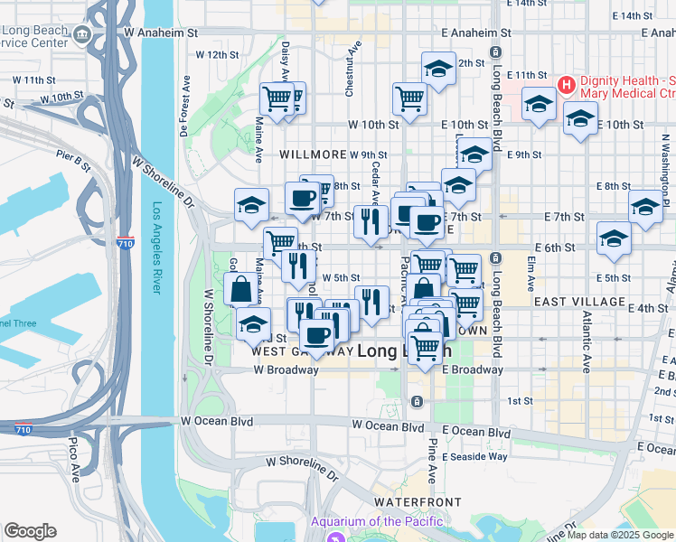 map of restaurants, bars, coffee shops, grocery stores, and more near 445 Chestnut Avenue in Long Beach