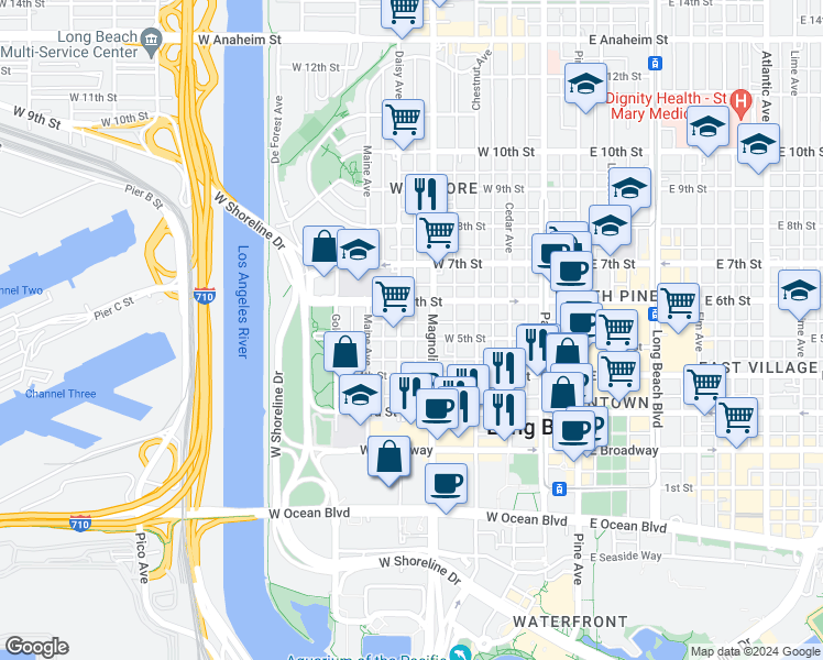 map of restaurants, bars, coffee shops, grocery stores, and more near 438 North Crystal Court in Long Beach