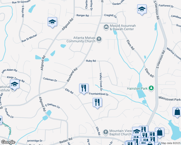 map of restaurants, bars, coffee shops, grocery stores, and more near 765 Corundum Court in Stone Mountain