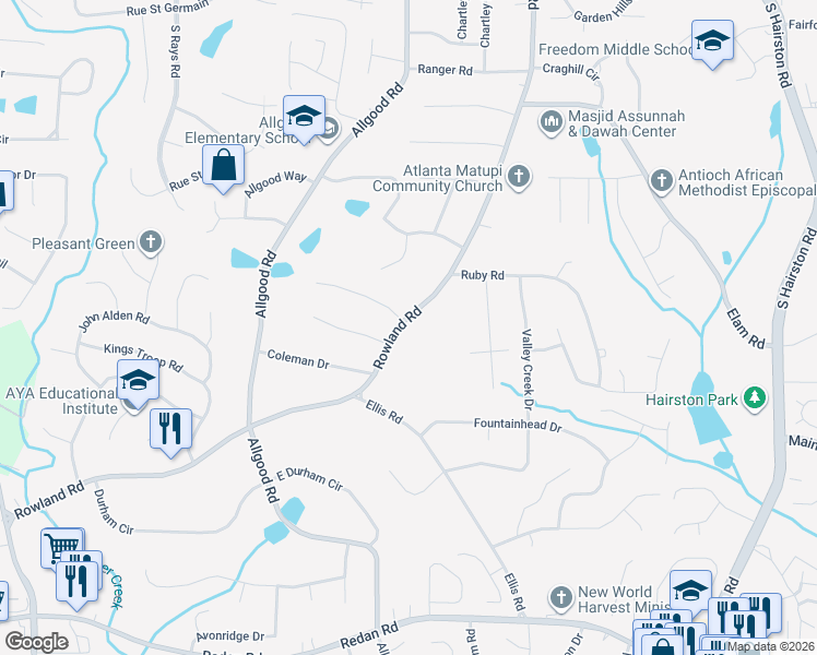 map of restaurants, bars, coffee shops, grocery stores, and more near 804 Rowland Road in Stone Mountain