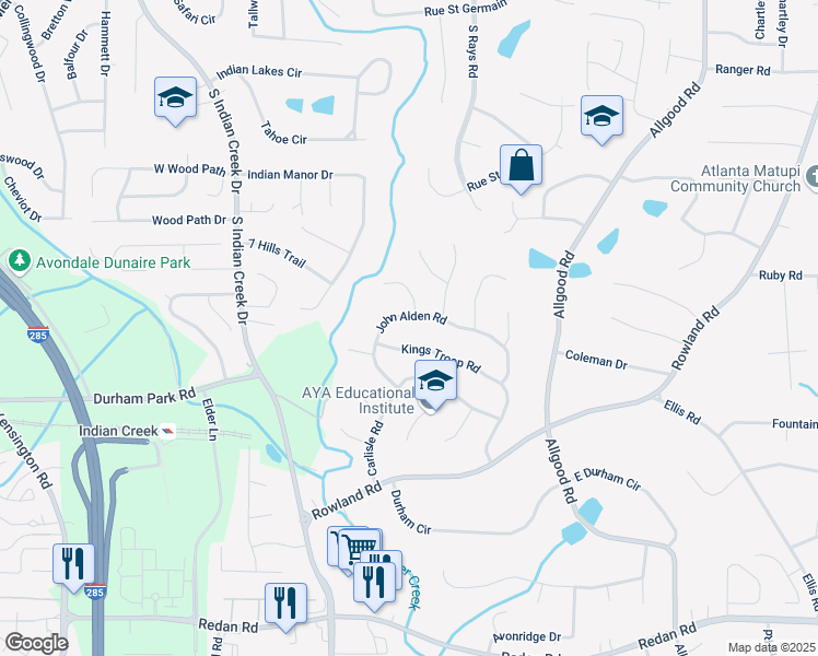 map of restaurants, bars, coffee shops, grocery stores, and more near 850 John Alden Road in Stone Mountain