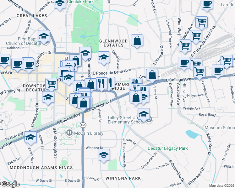 map of restaurants, bars, coffee shops, grocery stores, and more near 527 East College Avenue in Decatur