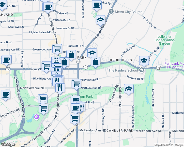 map of restaurants, bars, coffee shops, grocery stores, and more near 1245 South Ponce De Leon Avenue Northeast in Atlanta