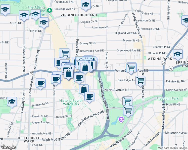 map of restaurants, bars, coffee shops, grocery stores, and more near 658 Bonaventure Avenue Northeast in Atlanta