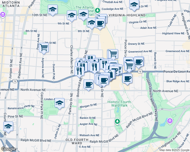 map of restaurants, bars, coffee shops, grocery stores, and more near 640 Glen Iris Drive Northeast in Atlanta