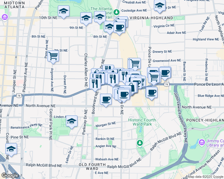 map of restaurants, bars, coffee shops, grocery stores, and more near 547 Ponce De Leon Avenue Northeast in Atlanta