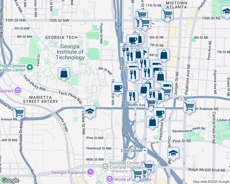 map of restaurants, bars, coffee shops, grocery stores, and more near in Atlanta