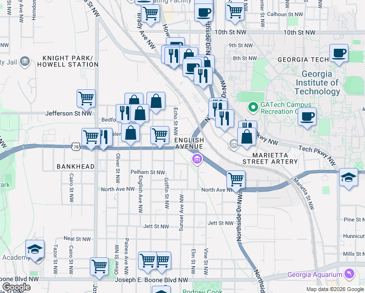 map of restaurants, bars, coffee shops, grocery stores, and more near 688 Donald Lee Hollowell Parkway Northwest in Atlanta