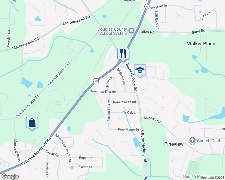 map of restaurants, bars, coffee shops, grocery stores, and more near 1193 Ivory Circle in Douglasville