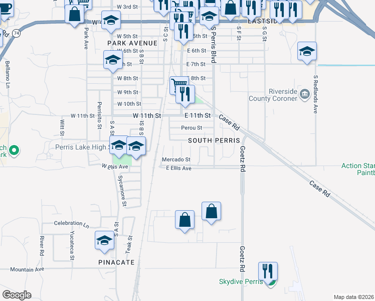 map of restaurants, bars, coffee shops, grocery stores, and more near 1384 Plaza Way in Perris