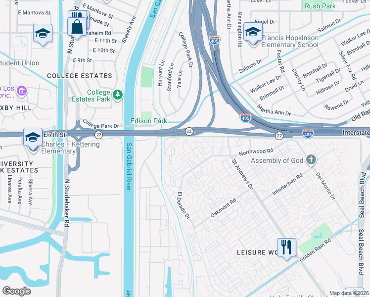 map of restaurants, bars, coffee shops, grocery stores, and more near 13061 Oak Hills Drive in Seal Beach
